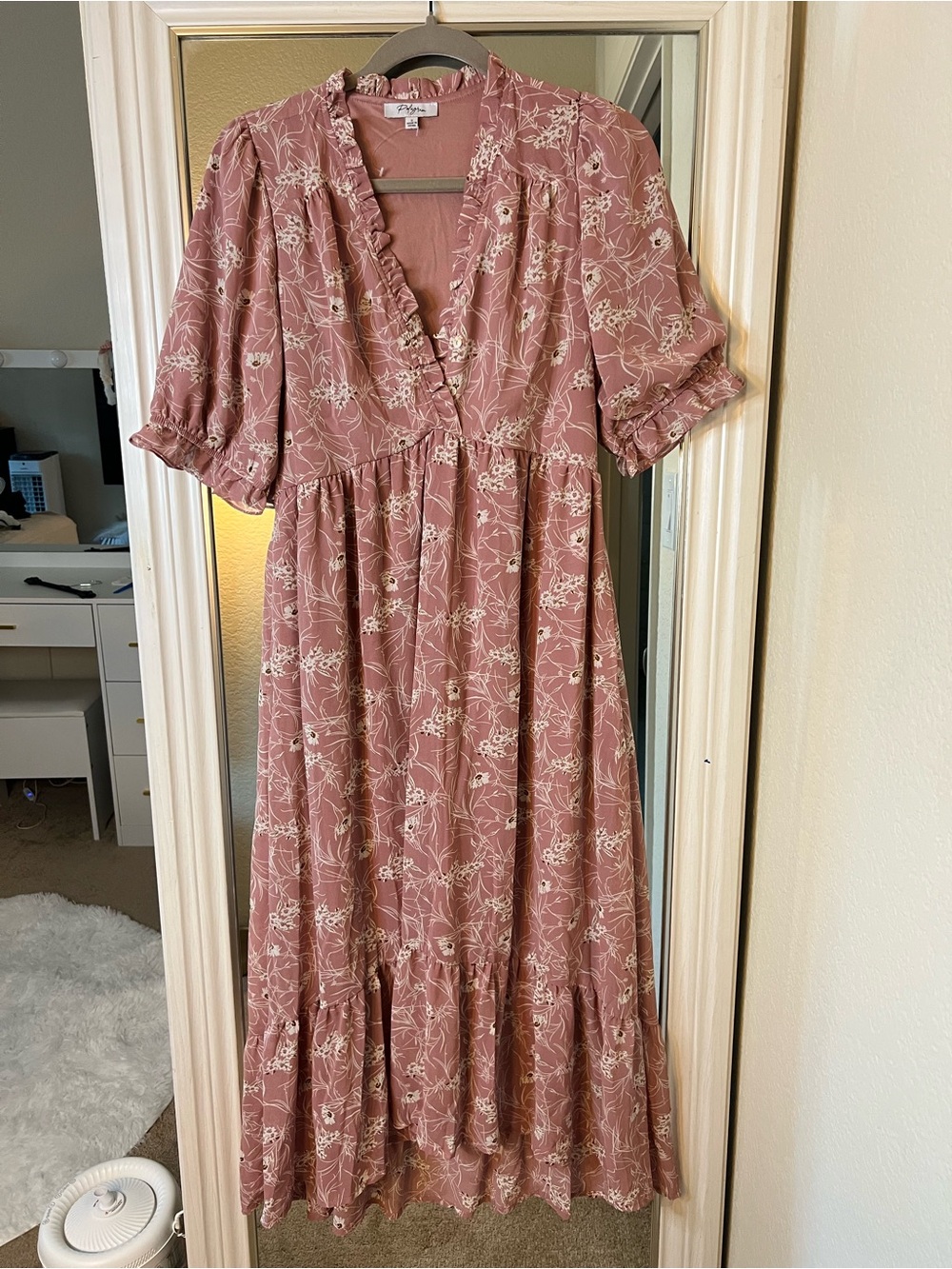 đź’•NWOT Polagramđź’• Dusty Rose Floral Ruffle-Trim Midi Dress - Picture 2 of 8